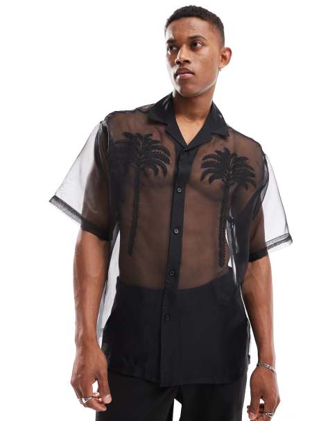 ASOS DESIGN oversized revere shirt in organza with palm tree embroidery in black - view 1