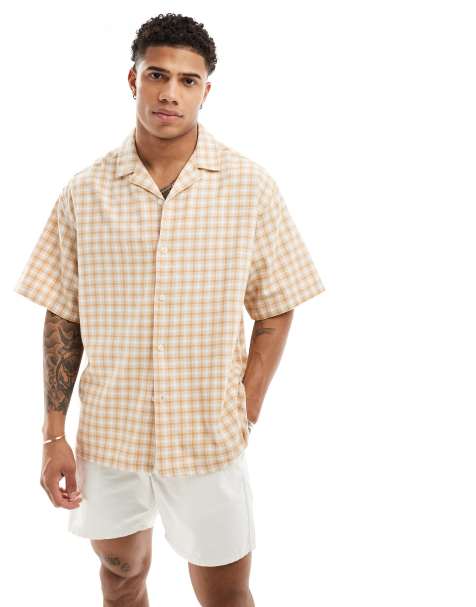 ASOS DESIGN oversized revere shirt in stone dad check - view 1