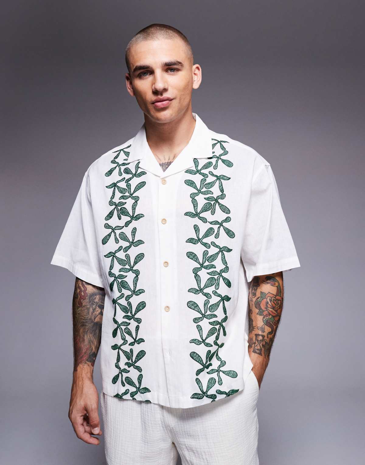 ASOS DESIGN oversized revere shirt with border print in white