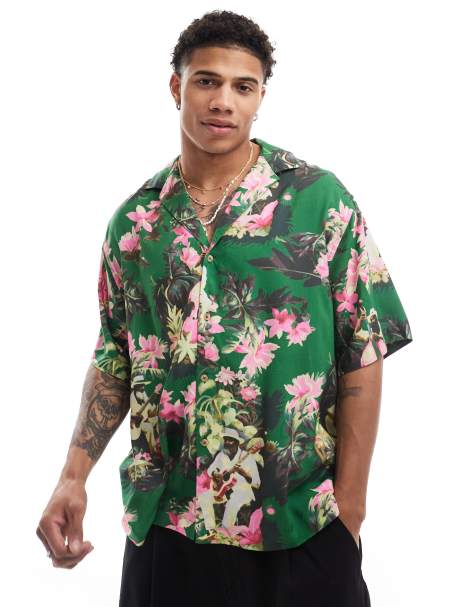 ASOS DESIGN oversized revere shirt with cello player hawaiian print - view 1