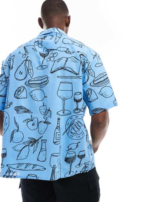ASOS DESIGN oversized revere shirt with dining scene print in blue, 2 of 4