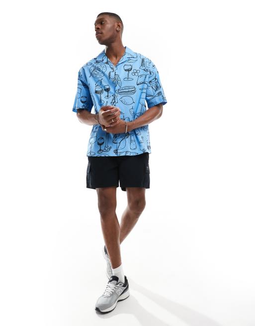 ASOS DESIGN oversized revere shirt with dining scene print in blue, 4 of 4