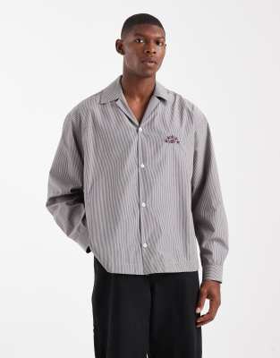 Asos Design Oversized Revere Shirt With Embroidery In Gray