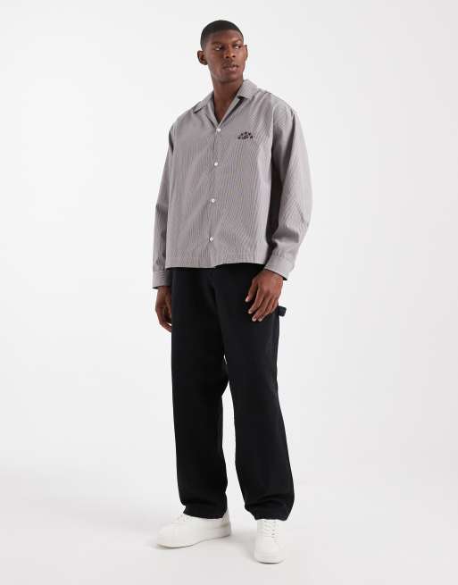ASOS DESIGN oversized revere shirt with embroidery in beige stripe, 2 of 5