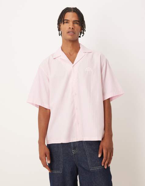 ASOS DESIGN  oversized revere shirt with embroidery in pink and white stripe - view 1