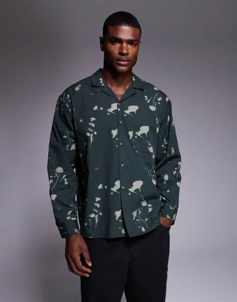 ASOS DESIGN oversized revere shirt with floral digital print in dark green - view 1