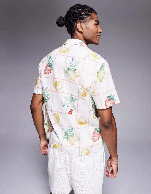 ASOS DESIGN oversized revere shirt with fruit print in beige, 3 of 4