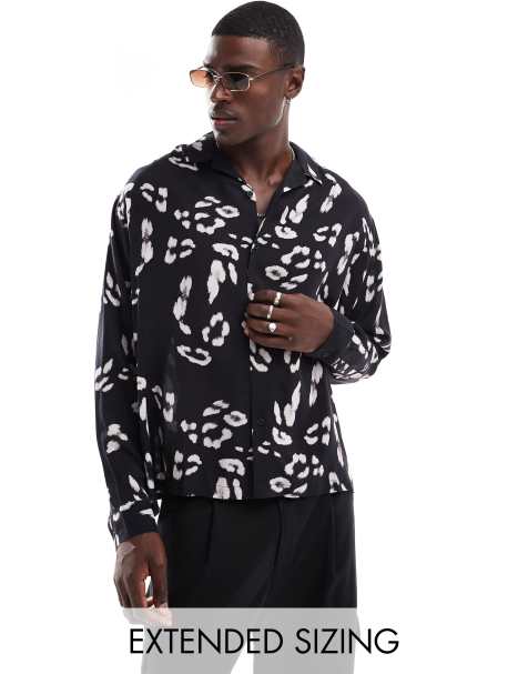ASOS DESIGN oversized revere shirt with leopard print in black - view 1
