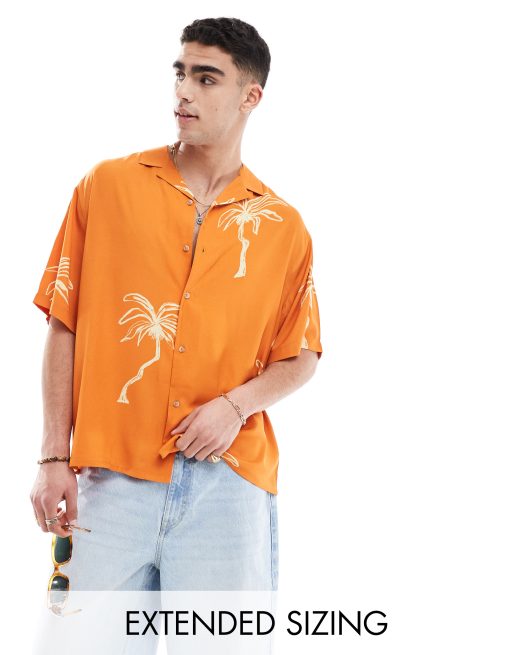 ASOS DESIGN oversized revere shirt with palm tree print in orange