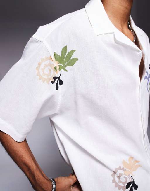 ASOS DESIGN oversized revere shirt with print in white, 3 of 4