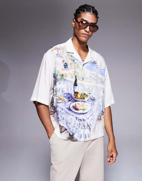 ASOS DESIGN oversized revere shirt with scenic print in cream - view 1
