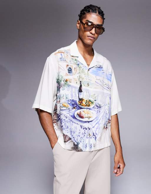 ASOS DESIGN oversized revere shirt with scenic print in cream