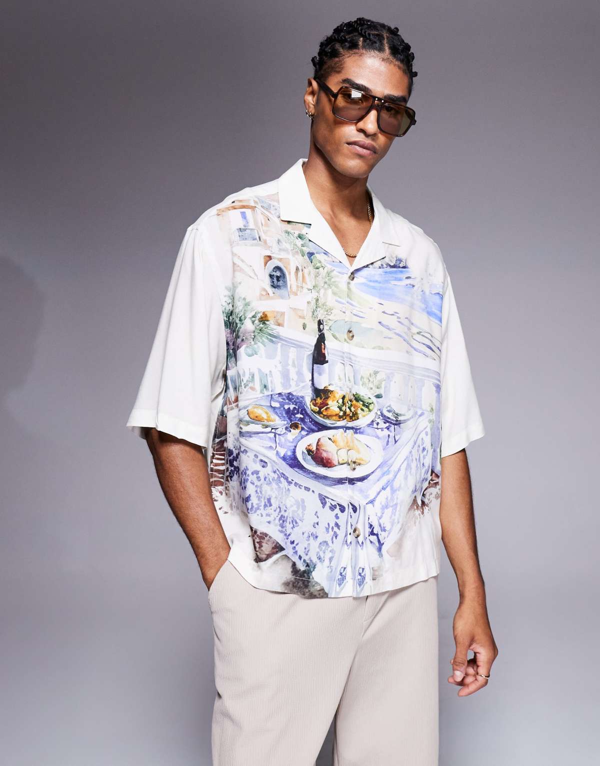 ASOS DESIGN oversized revere shirt with scenic print in cream