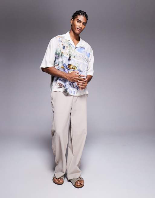 ASOS DESIGN oversized revere shirt with scenic print in cream