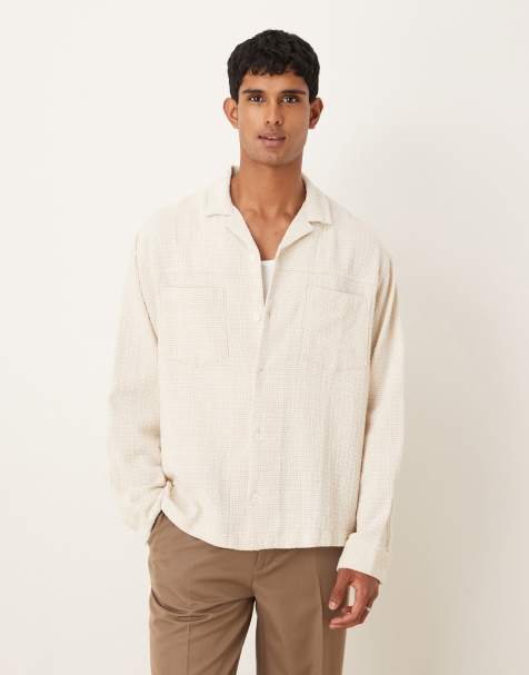 ASOS DESIGN oversized revere textured shirt in stone micro check - view 1