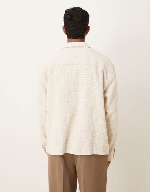 ASOS DESIGN oversized revere textured shirt in stone micro check, 3 of 5