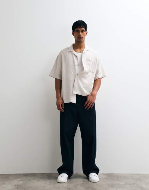 ASOS DESIGN oversized revere waffle shirt in cream, 2 of 5