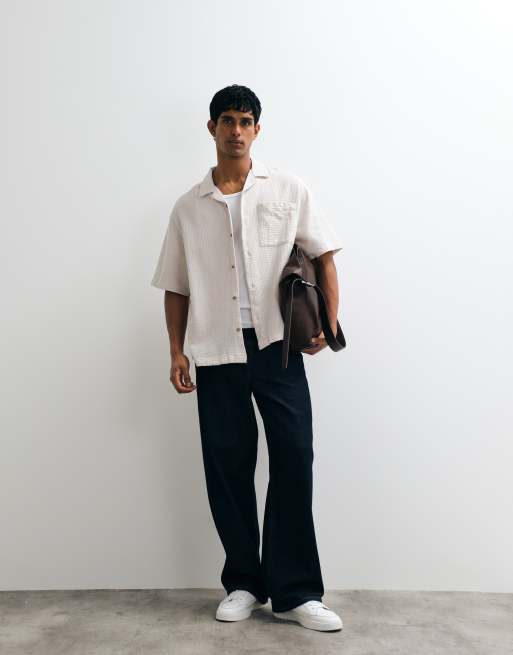 ASOS DESIGN oversized revere waffle shirt in cream, 4 of 5