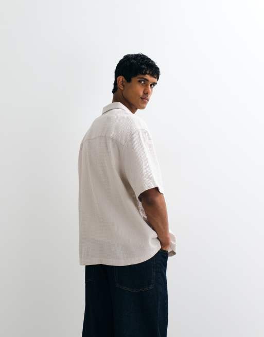 ASOS DESIGN oversized revere waffle shirt in cream, 5 of 5