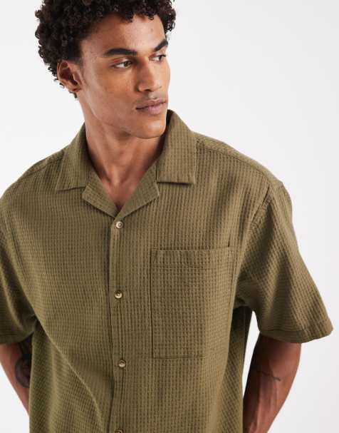 ASOS DESIGN oversized revere waffle shirt in green - view 1