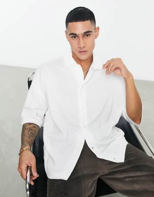 ASOS DESIGN oversized rib jersey shirt with half sleeve in white