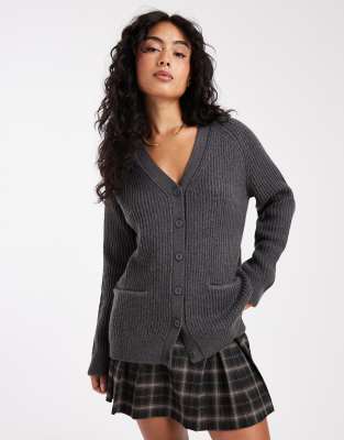 Asos Design Oversized Rib Knit Boyfriend Cardigan In Gray