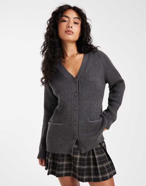 ASOS DESIGN oversized rib knit boyfriend cardigan in charcoal - view 1