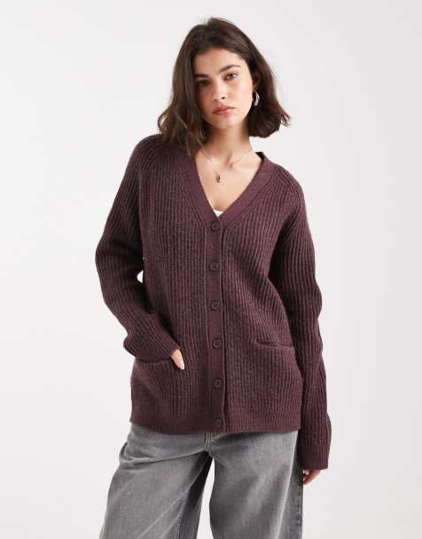ASOS DESIGN oversized rib knit boyfriend cardigan in plum - view 1