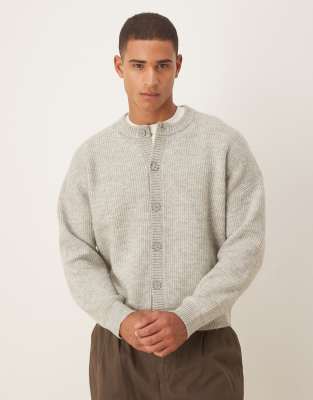 Asos Design Oversized Rib Knit Fisherman Crew Neck Cardigan In Gray