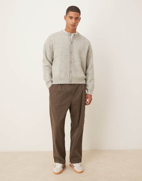 ASOS DESIGN oversized rib knit fisherman crew neck cardigan in light heather gray - view 1