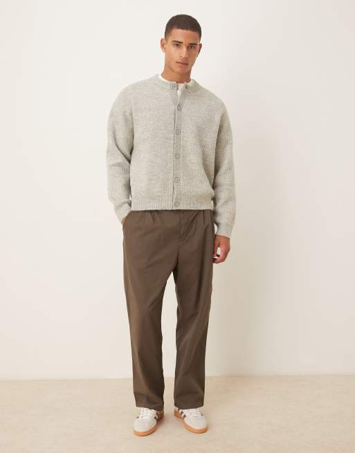 ASOS DESIGN oversized rib knit fisherman crew neck cardigan in light heather gray