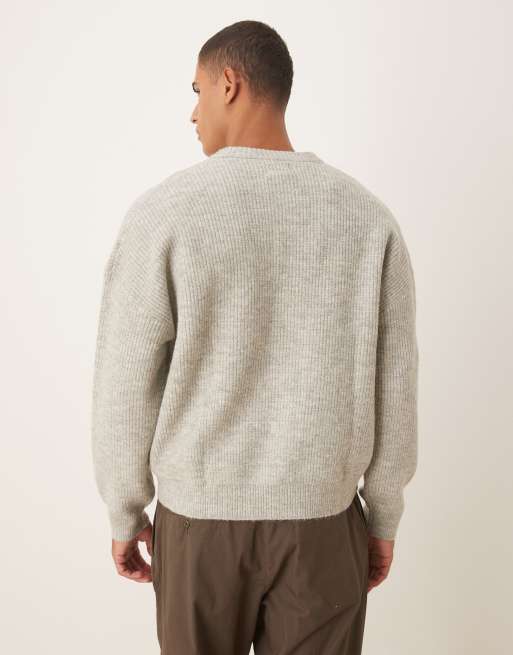 ASOS DESIGN oversized rib knit fisherman crew neck cardigan in light heather gray