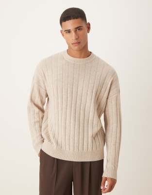 Asos Design Oversized Rib Knit Lambswool Blend Crew Neck Sweater In Neutral
