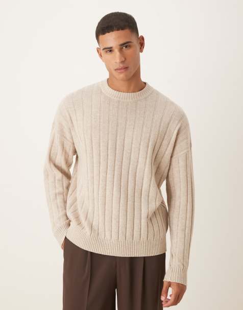 ASOS DESIGN oversized rib knit lambswool blend crew neck sweater in heathered beige - view 1