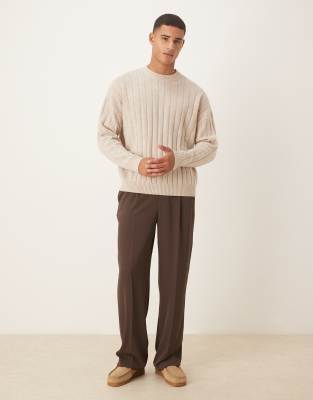 Asos Design Oversized Rib Knit Lambswool Blend Crew Neck Sweater In Neutral
