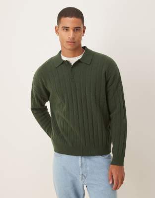 Asos Design Oversized Rib Knit Lambswool Blend Polo Shirt In Green
