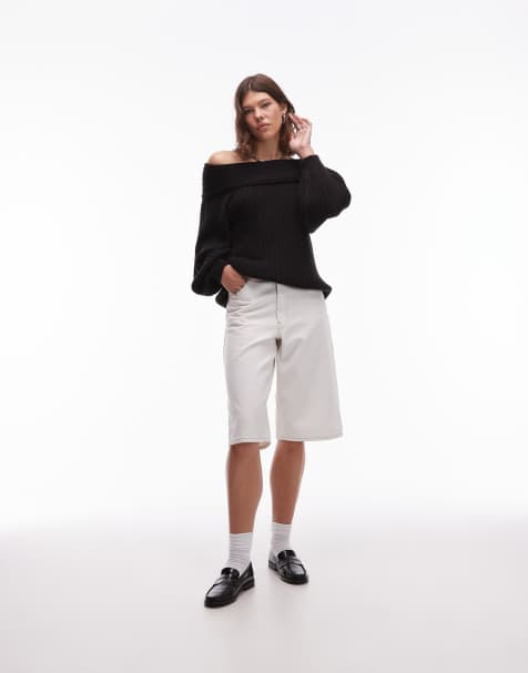 ASOS DESIGN oversized rib knit off shoulder jumper with balloon sleeve in black - view 1