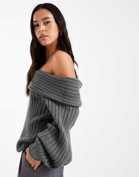 ASOS DESIGN oversized rib knit off shoulder jumper with balloon sleeve in charcoal - view 1