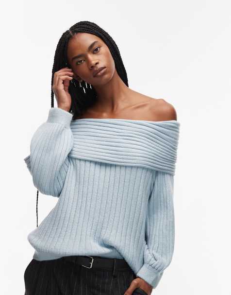 ASOS DESIGN oversized rib knit off shoulder jumper with balloon sleeve in light blue - view 1