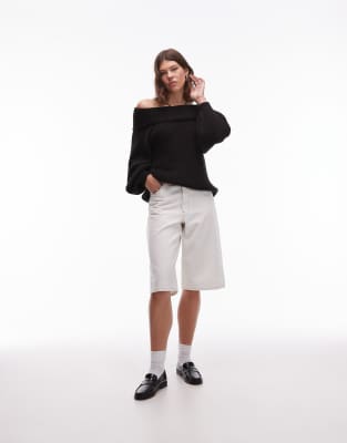 Asos Design Oversized Rib Knit Off Shoulder Sweater With Balloon Sleeve In Black