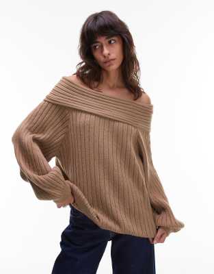 Asos Design Oversized Rib Knit Off Shoulder Sweater With Balloon Sleeve In Brown