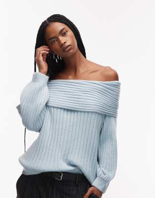 Asos Design Oversized Rib Knit Off Shoulder Sweater With Balloon Sleeve In Blue