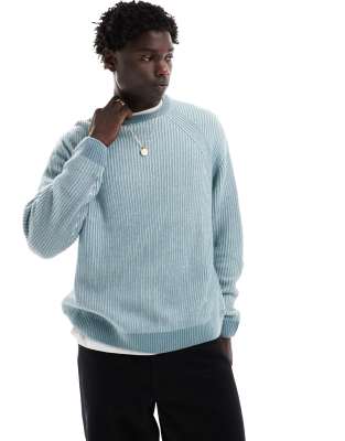 oversized rib knit pleated fisherman sweater in blue