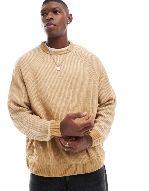 ASOS DESIGN oversized rib knit pleated fisherman sweater in brown - view 1