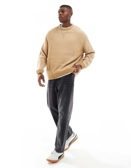 ASOS DESIGN oversized rib knit pleated fisherman sweater in brown | ASOS