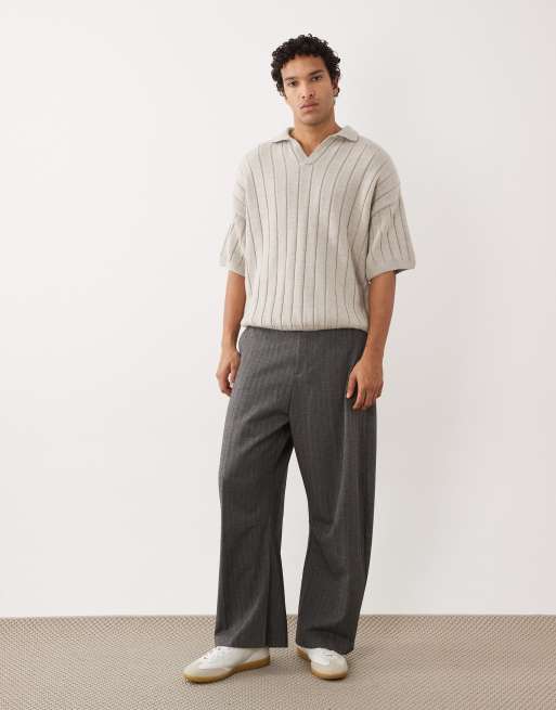 ASOS DESIGN oversized rib knit short sleeve notch neck polo shirt in stone, 2 of 5