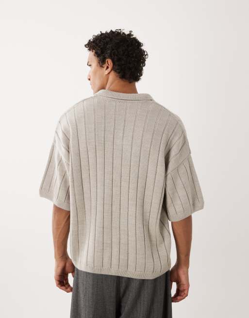 ASOS DESIGN oversized rib knit short sleeve notch neck polo shirt in stone, 3 of 5