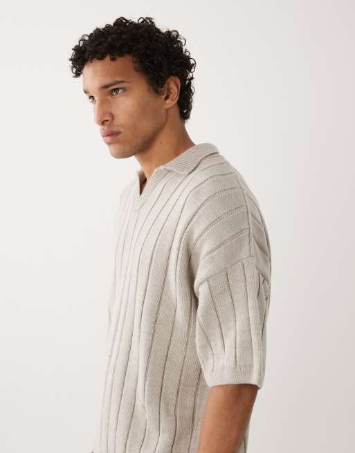 ASOS DESIGN oversized rib knit short sleeve notch neck polo shirt in stone, 4 of 5