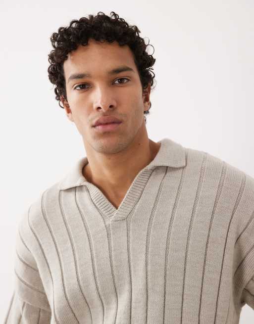 ASOS DESIGN oversized rib knit short sleeve notch neck polo shirt in stone, 5 of 5