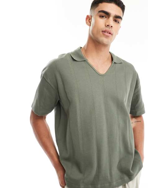 ASOS DESIGN oversized rib polo with rib neck in khaki - view 1